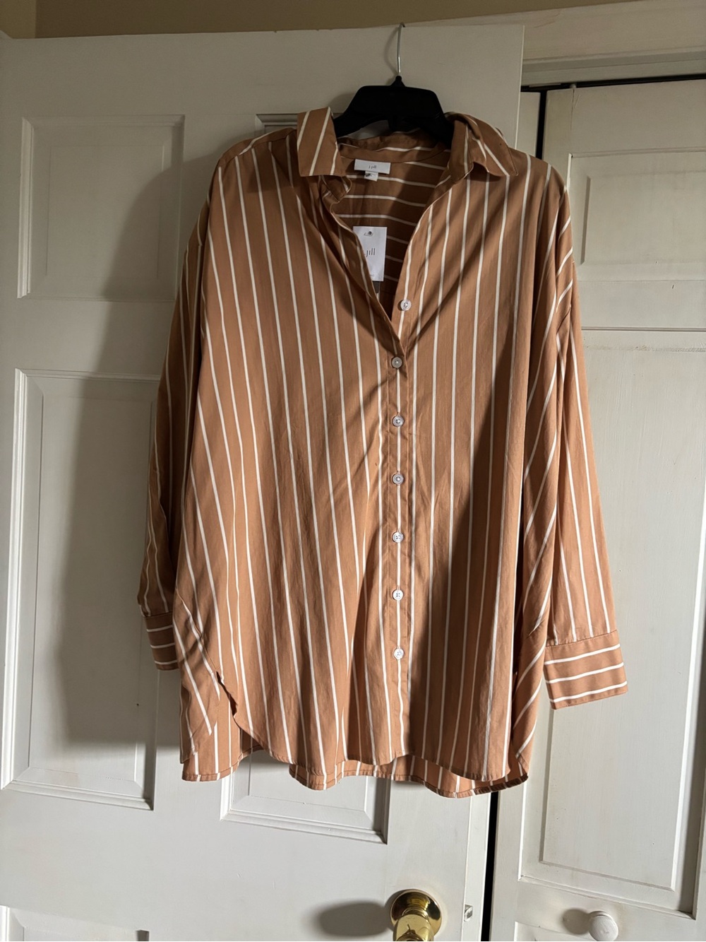 J. Jill Tan and White Striped Button-Up Shirt